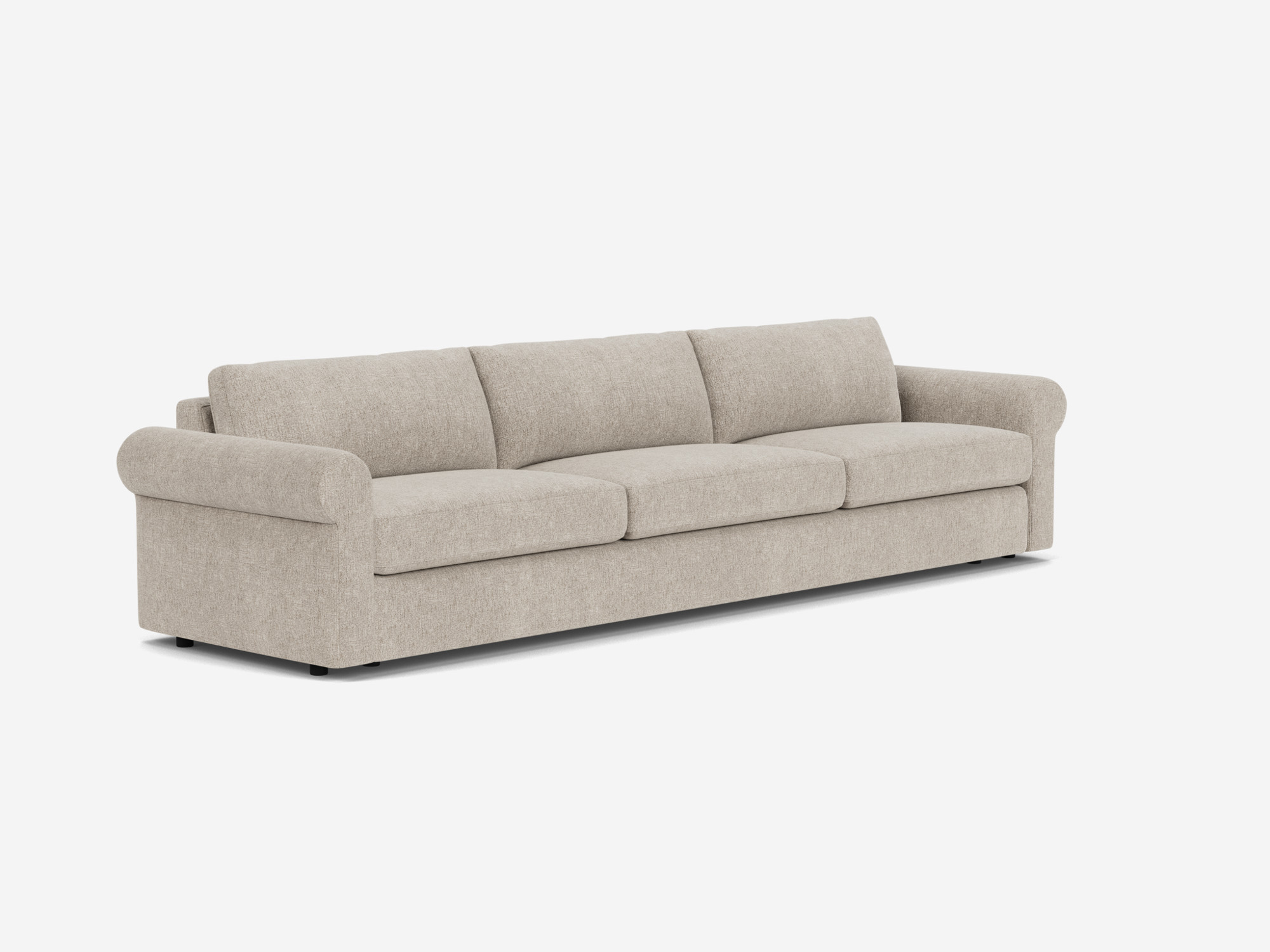 Front angle view of light grey 3-seat sofa with roll arms